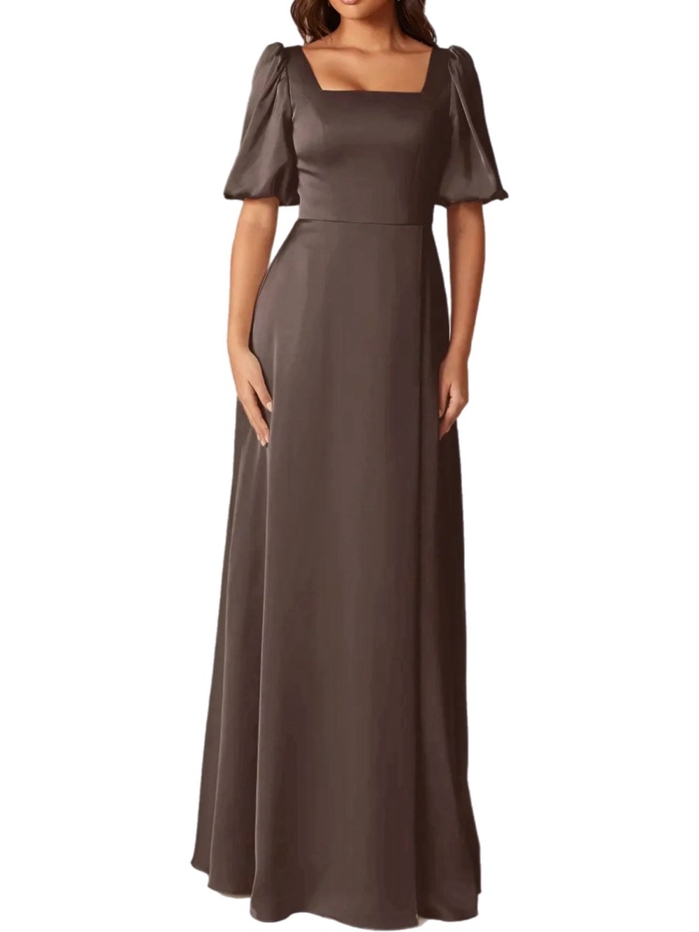 NWOT AW Bridal ETTA Short Sleeve Seal Brown Charmeuse Satin A-Line Gown Size 14
